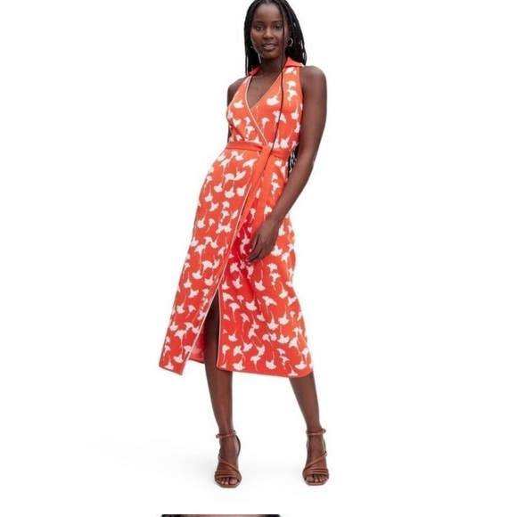 Women's Collared Sleeveless Ginkgo Cherry Tomato Sweaterknit Midi Wrap Dress S - Picture 2 of 4